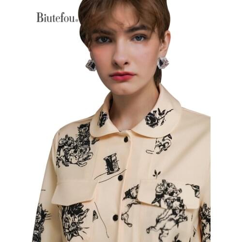 2021 Autumn Women Cartoon Sketch Illustration Line Print Shirt