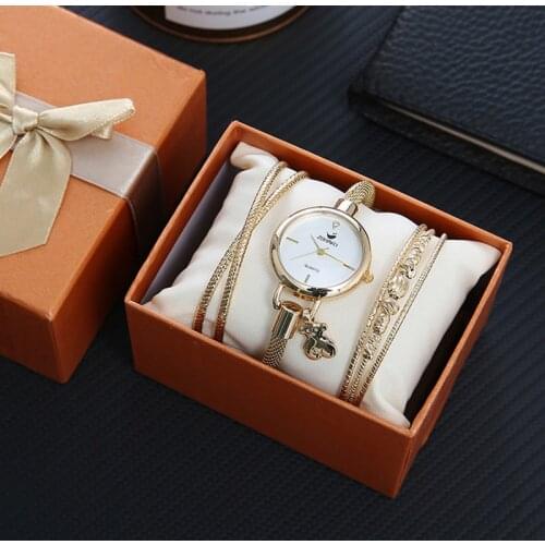 3Pcs Set Women Watches Simple Small Dial Pendant Watch Ladies Quartz Wrist Watch Bracelet Gift Box Set Womens Reloj Mujer