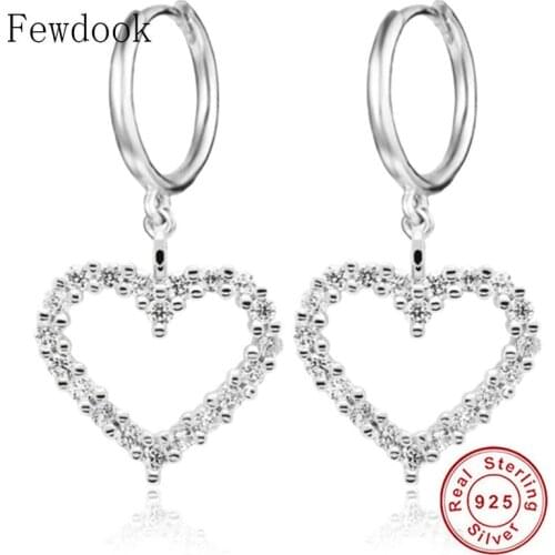 925 Sterling Silver Heart Full Zirconia Dangle Hoop Earring For Women Pendientes Piercing For Women Valentine New Year Oorbellen