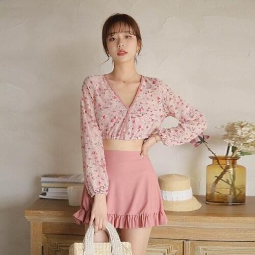 Bikini Push Up 2021 Surf Swimsuit For Women Trikini Big Size Ladys New Split Cover Skirt Long Sleeve Print Polyester Sierra