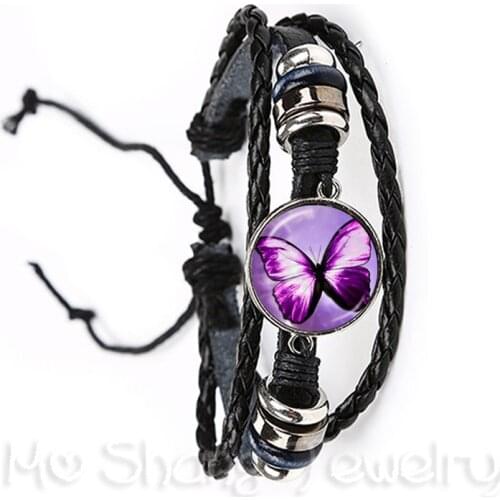 New Beautiful Purple Butterfly Bracelet Art Picture 20mm Glass Cabochon Dome Black/Brown 2 Color Leather Cords Adjustable Bangle