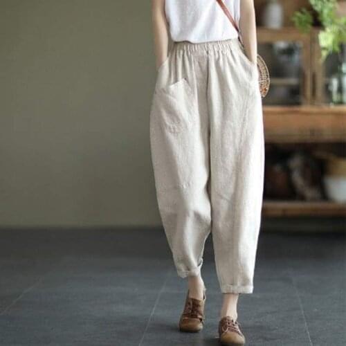Women Summer Casual Cotton Linen Loose Harem Pants Pockets Vintage Sweatpants Pantalon Streetwear Women Pants