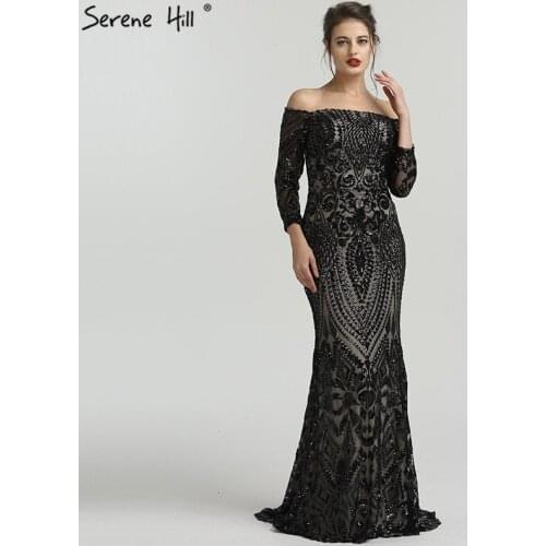 Black Long Sleeve Off Shoulder Sequined Evening Gowns Fashion Mermaid Elegant Sexy Formal Evening Dress 2020 Real Photo BLA6476