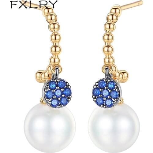 FXLRY New Simple Design Gold Color Long Line Imitation Pearl Round Shape Drop Earrings Cubic Zirconia For Women Fashion Jewelry