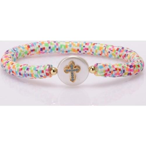 Gpsy boho white shell pearl bead cz paved cross Virgin Mary charm rainbow clay silicone plastic beaded bracelets for woman man