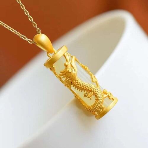 Natural Hetian Jade Gold Inlaid with Jade Dragon and Phoenix White Jade Pendant Couple Jade for Men and Women S925 Necklace Pend