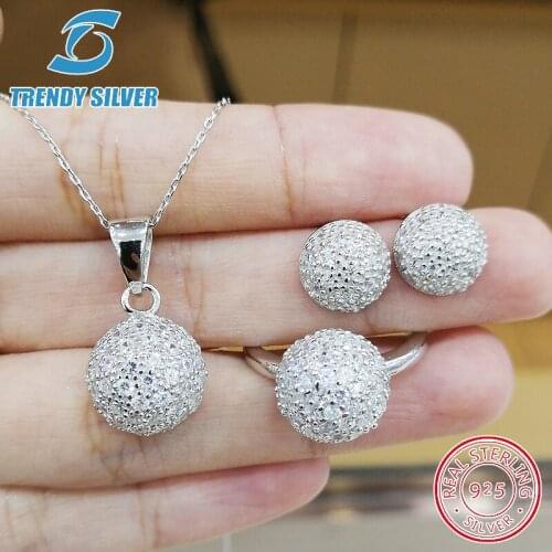 Complete pure 925 sterling silver zirconia clear CZ luxury jewelry set ring earrings for woman pendant necklace trendy design