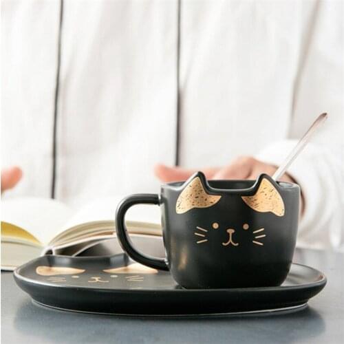 Creative Ceramic Coffee Cup With Saucer Spoon Set Cute Cartoon Cat Tea Cup Breakfast Milk Coffee Mug Bread Dessert Dish Gift