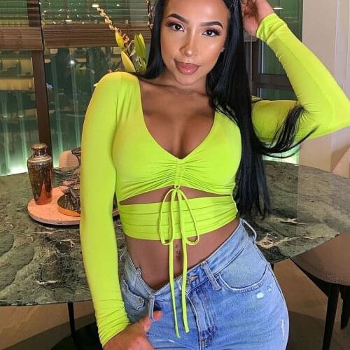 Sexy Drawstring V-neck Long Sleeve Crop Top Women Fashion Cut Out T-shirt Neon Green White Top Tees Female Streetwear Clothes