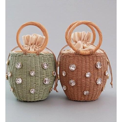 Small Drawstring Straw Tote Bag Handmade Knitting Bucket Handbag with Rhinestone Decor Women Summer Beach Wrist Purse xqmg home