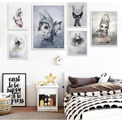 Sweet Home Decor Nordic Canvas Painting Wall Art Poster Rabbit Girls Boys Picture Cartoon Watercolor Decor Print for Kid Bedroom