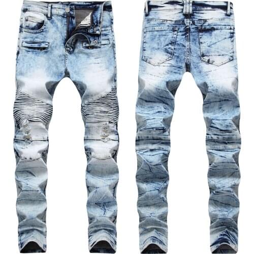 Mens Pleated Biker Jeans Pants Slim Fit Brand Designer Motocycle Denim Trousers For Male Straight Washed Multi Zipper