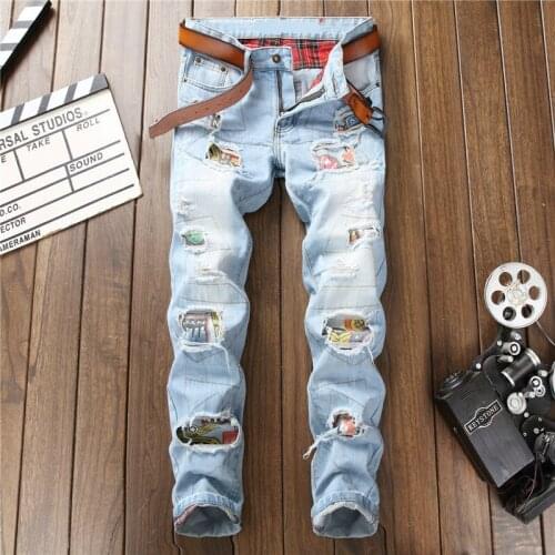 Mens Straight Fashion Nightclub Men Slim Jeans Men Vintage Light Blue Holes Ripped Biker Jeans For Motorcycle Casual Denim Pant