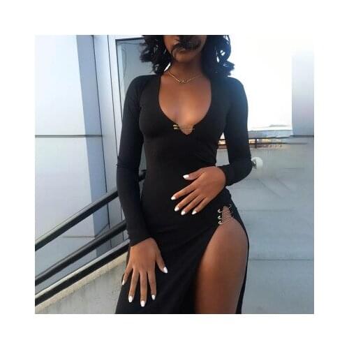 Solid Women Pin Long Sleeve Midi Dress V Neck Side High Slit Bodycon Sexy Streetwear Party 2020 Autumn Winter Clubwear
