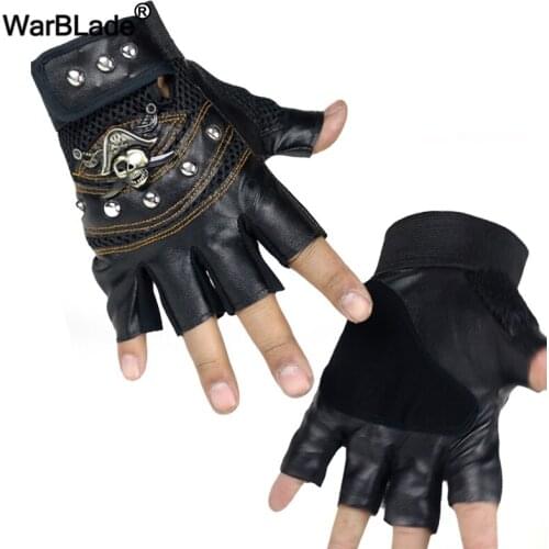 WarBLade Skulls Rivet PU Leather Gloves Men Women Anti-Slip Outdoor Sports Half Finger Gloves Hip Hop Fingerless Tactical Gloves