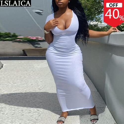 Midi Dress Short Sleeve Deep V Neck High Waist Rib Knitted Solid Color Long Dresses Summer Party Clubwear Night Lady Dress 2021