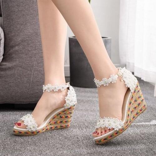 Women sandals wedding Party banquet Lace PU Rhinestones Buckle Strap 9CM Wedges High Heels Round Toe women sandals size 35-42