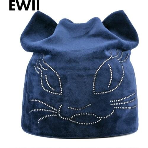 Girls beanie cap with ears skullies beanies for ladies diamond hats for women winter warm caps women cat hat bone touca