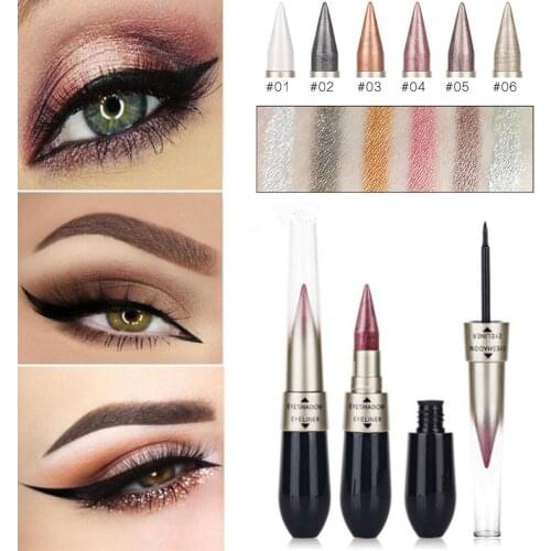 Waterproof 2 In 1 Sparkle Eyeshadow Black Eyeliner Double-end Makeup Shimmer Eye shadow Eyeliner Pen Cosmetics 6 Colors