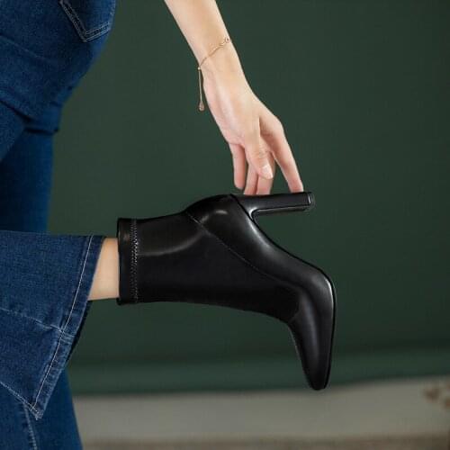 YQBTDL Fashion Sexy High Heels Boots Black Elastic Pu Leather Stretch Faux Suede Ankle Sock Boots Pointed Toe Dress Shoes Winter