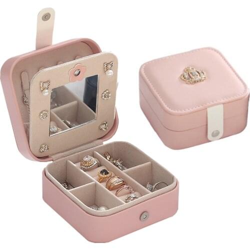 Jewelry Organizer Box Travel Size PU Leather 2-Layer Earrings Necklace with Mirror Storage Cases Magnet Buckle