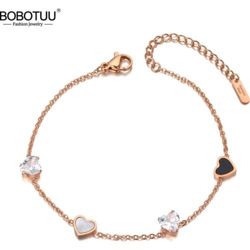 BOBOTUU CZ Crystal & Shell Love Heart Charm Bracelets For Women Stainless Steel Chain & Link Strand Bracelet Jewelry BB20063