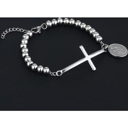 Stainless Steel Virgin Mary Pendant Bracelet Women Cross Beads Cuff Bracelet Charm Statement Jewelry Mother Gifts Pulseras SL25
