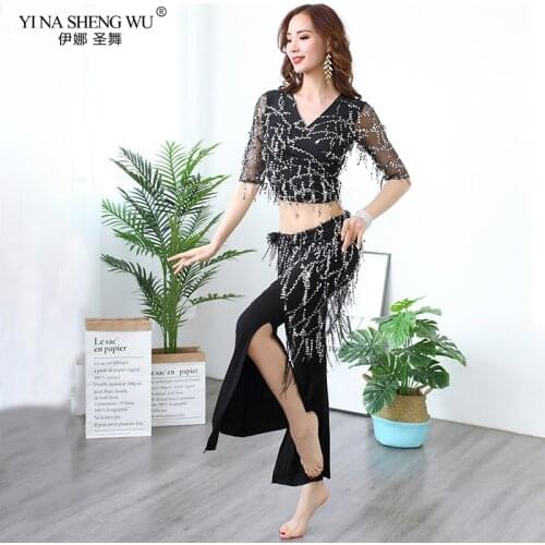 New Female Belly Dance Practice Sets Costume Belly Dancing Sexy V-Collar Of Top Long Skirt Pants Dancer Practice Set