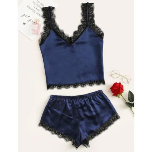 Women Summer 2 Pieces Sleepwear Suit Eyelash Lace Sleeveless Deep V Neck Camisole and Shorts Nightclothes