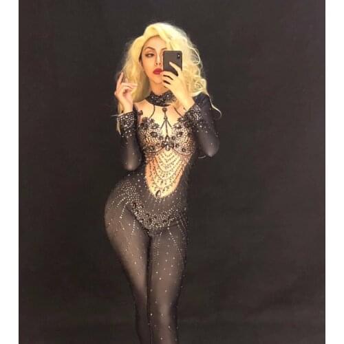 Women Sexy Red Black Big Diamonds Dj Jumpsuit Sparkling Crystal Bodysuit Nightclub Stage Wear Dancer Singer Show Dance Costumes