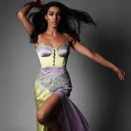 Summer Satin Bodycon Dress Women 2021 New Arrivals Pink Slit Elegant Lace Dress Maxi Dress Sexy Celebrity Evening Club Dress