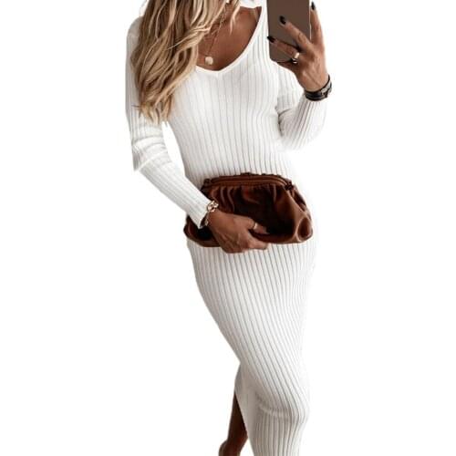 Women Autumn Solid Color V Neck Long Sleeve Ribbed Knitted Bodycon Maxi Dress Womens clothing женское платье vestidos 2021