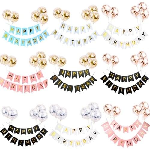 6pcs Happy Birthday Flag Pull Banner Sequin Confetti Latex Balloon Set Combination Child Birthday Party Decoration Balloons