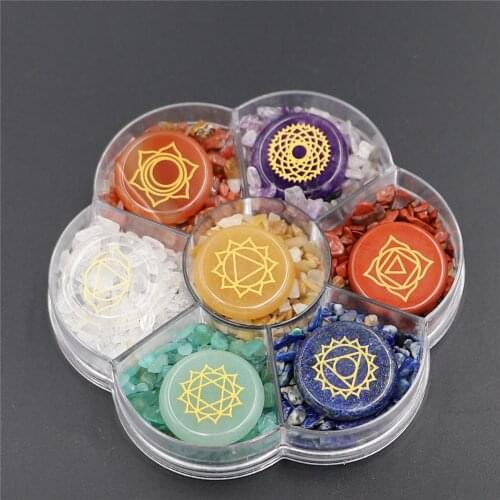 7 Chakra Carved Natural Stone Chakra Pendant Round Purple Crystal Quartz Lapis Lazuli Necklace Aura Without Holes