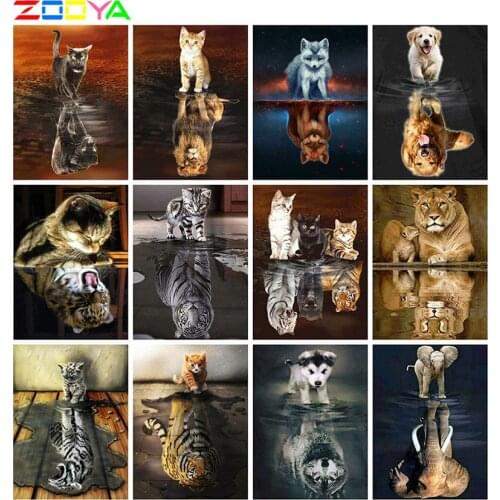 ZOOYA 5D Diamond Painting Cat Full Square Diamond Embroidery Animals Reflection Pictures Of Rhinestones Mosaic Home Decor
