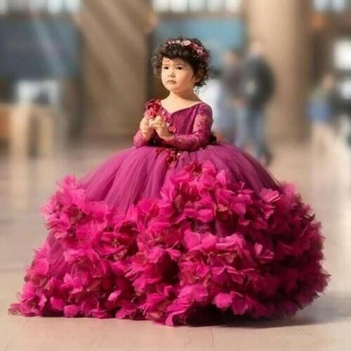 Burgundy Long Sleeve Lace Flower Girls Dresses Big Girls Princess Ball Gowns Burgundy Girls Big Bottom Pageant Gowns Custom