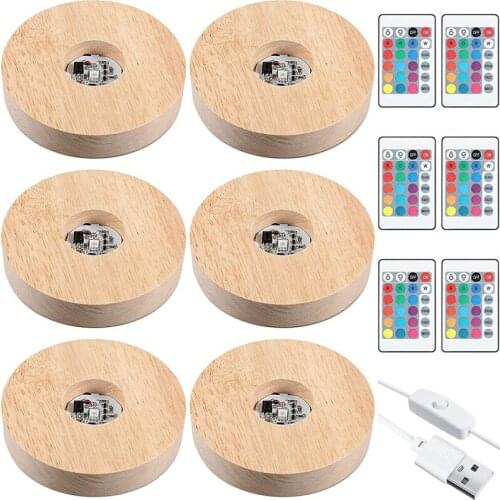 3.94 Inch Wooden Light Stand Base Colorful LED Lights Display Base with Remote Control for 3D Crystal Glass Resin 6Pcs