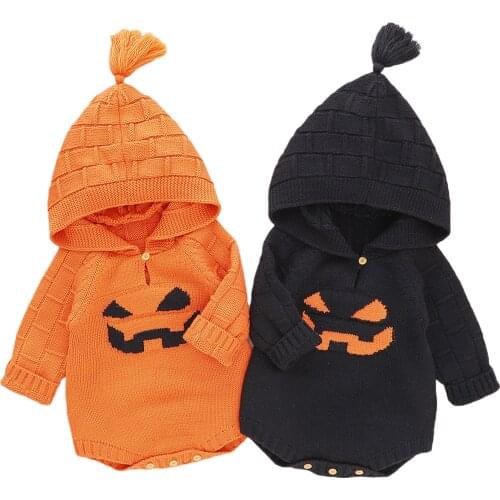 Infant Halloween Knitted Romper, Pumpkin Face Pattern Long Sleeve Hooded Jumpsuits, Black/ Orange