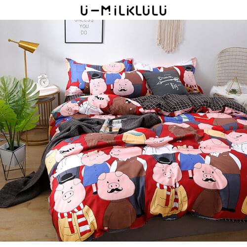 Cute Pig Bedding Set Red Black Sheet Set Single Double Queen King Size Elastic Duvet Cover Pillowcases Cartoon Bed Comforters