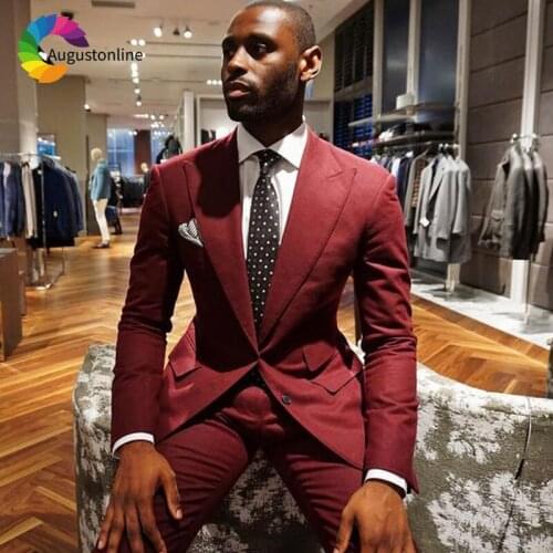 Simple Custom Made Burgundy Men Suits Wide Peaked Lapel Groom Wedding Suits Tuxedo 2 Piece Jacket Pants Best Men Blazers Ternos