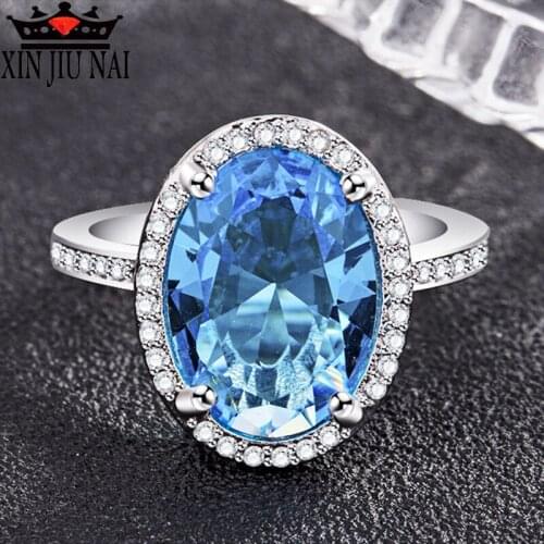 Fashionable Elegant Female Elliptic Ocean Blue Zircon Female Ring Big 5CT Crystal CZ Platinum Engagement Ring Party Gift