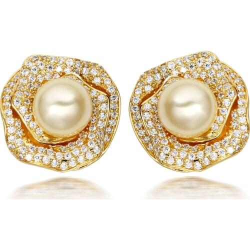 New Fashion flower Stud earring statement jewelry pendientes aros with clear crystal and simulated pearl earings