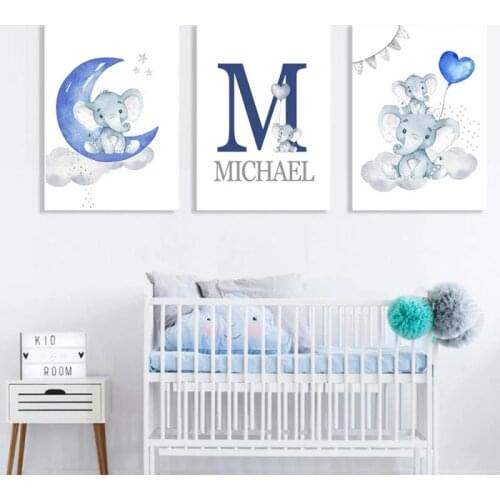 Customizable Name Poster Personalized Canvas Print Cartoon Baby Elephant Blue Decor Painting Home Wall Art Baby Bedroom Nursery
