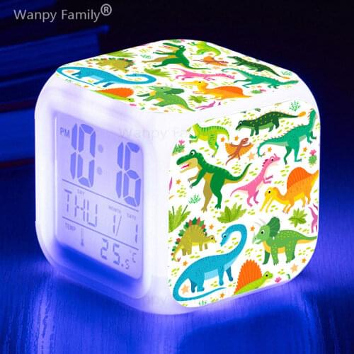 Super cool cartoon dinosaur riding a motorcycle LED alarm clock 7 color changing Multifunction clocks for kids birthday gift