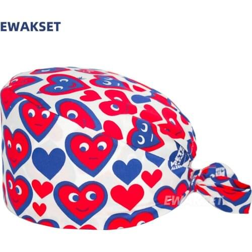 New Scrub Caps Cartoon Print Nurse Working Surgicals Hat Pure Cotton Women Men Forehead Sweatband Tie Back Veterinary Nurse Hats