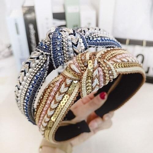 1 Pcs Bohemian Beaded Weave Elastic Hair Hoop Headband Knotted Sequin Handmade Headband for Women Girls New Fashion Headwear