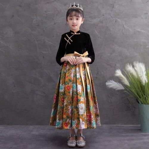 Autumn And Winter Girls' Hanfu Chinese Style Retro New Years Wear Embroidered Dress Birthday Party Costume Performance Clothing