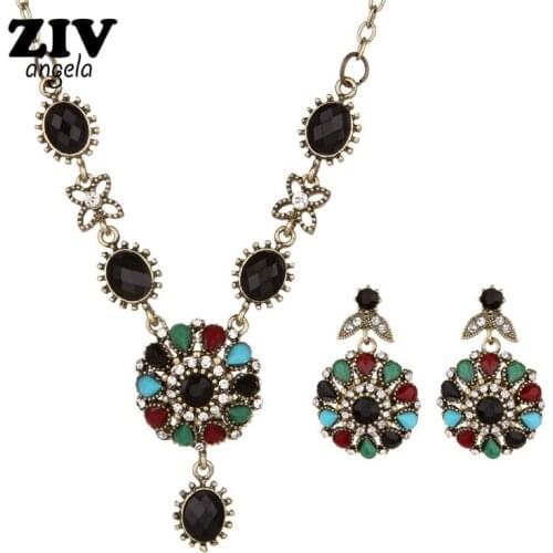 Hot Crystal Flower Wedding Necklace / Earrings Bohemia Ancient Gold Color Oval Jewelry Sets Engagement Party Gift of love