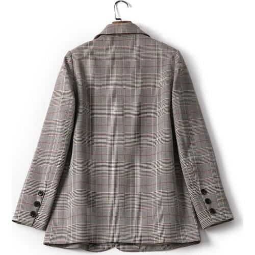 Vintage Single Breasted Office Ladies Plaid Blazer Long Sleeve Loose Houndstooth Suit Coat Jacket Pockets Women Blazers Female 2