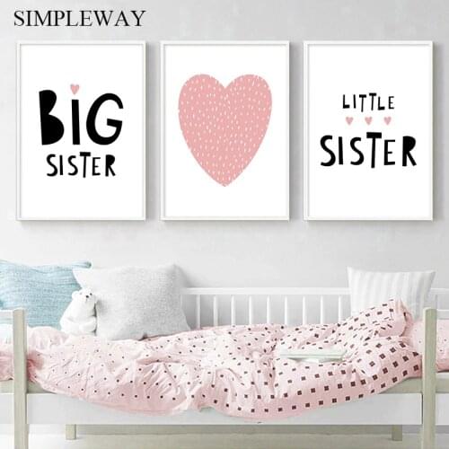 Pink Heart Big Sister Quotes Wall Poster Nursery Canvas Art Print Painting Nordic Kid Decoration Picture Baby Girl Bedroom Decor